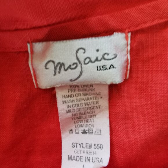 Mosaic USA 100% Linen red Frock Pocket Asymmetrical Neck Top L Lagenlook 0292 - Picture 4 of 5